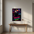 Cue the Neon — Toucan Play That Game art print, unframed poster, styled in a desk