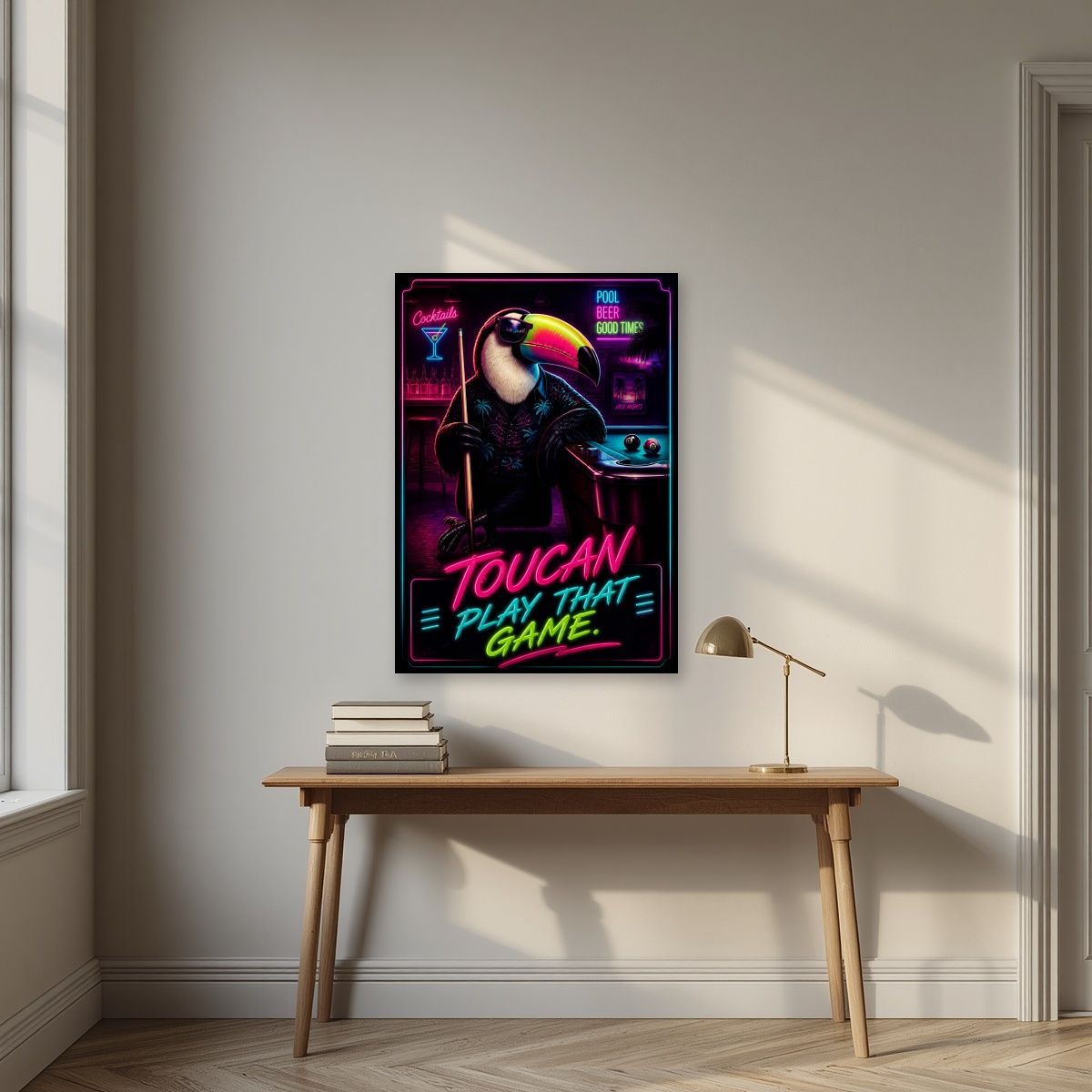 Cue the Neon — Toucan Play That Game art print, unframed poster, styled in a desk