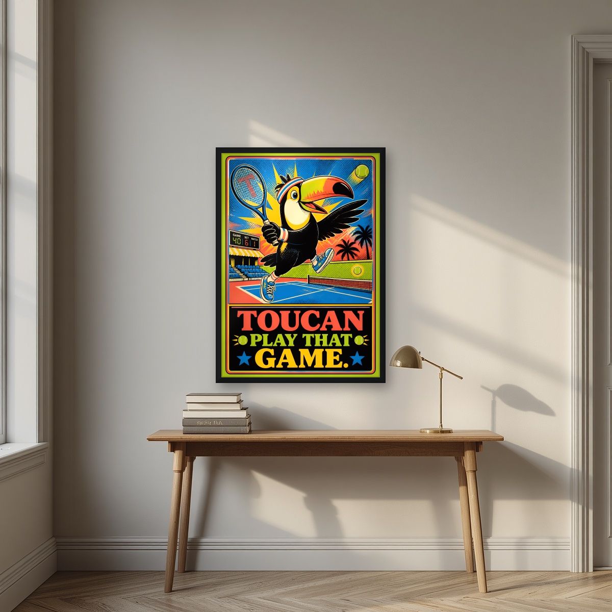 Match Point — Toucan Play That Game art print, in a black frame, styled in a desk