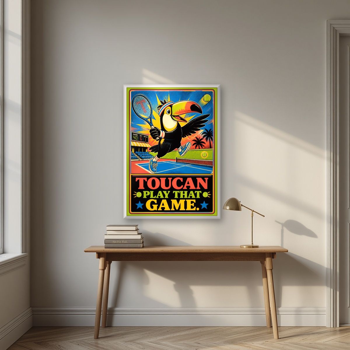 Match Point — Toucan Play That Game art print, in a white frame, styled in a desk