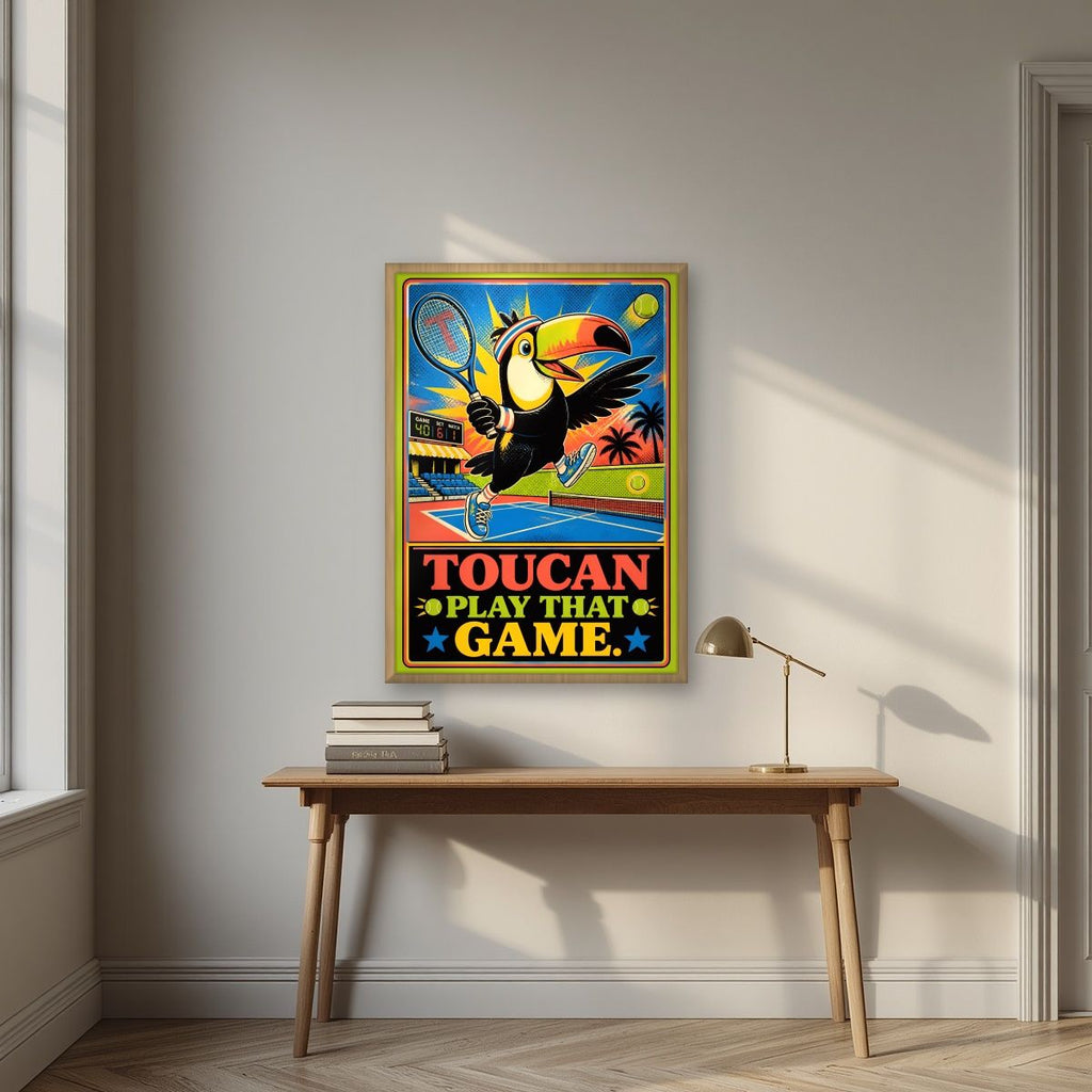 Match Point — Toucan Play That Game art print, in an oak frame, styled in a desk