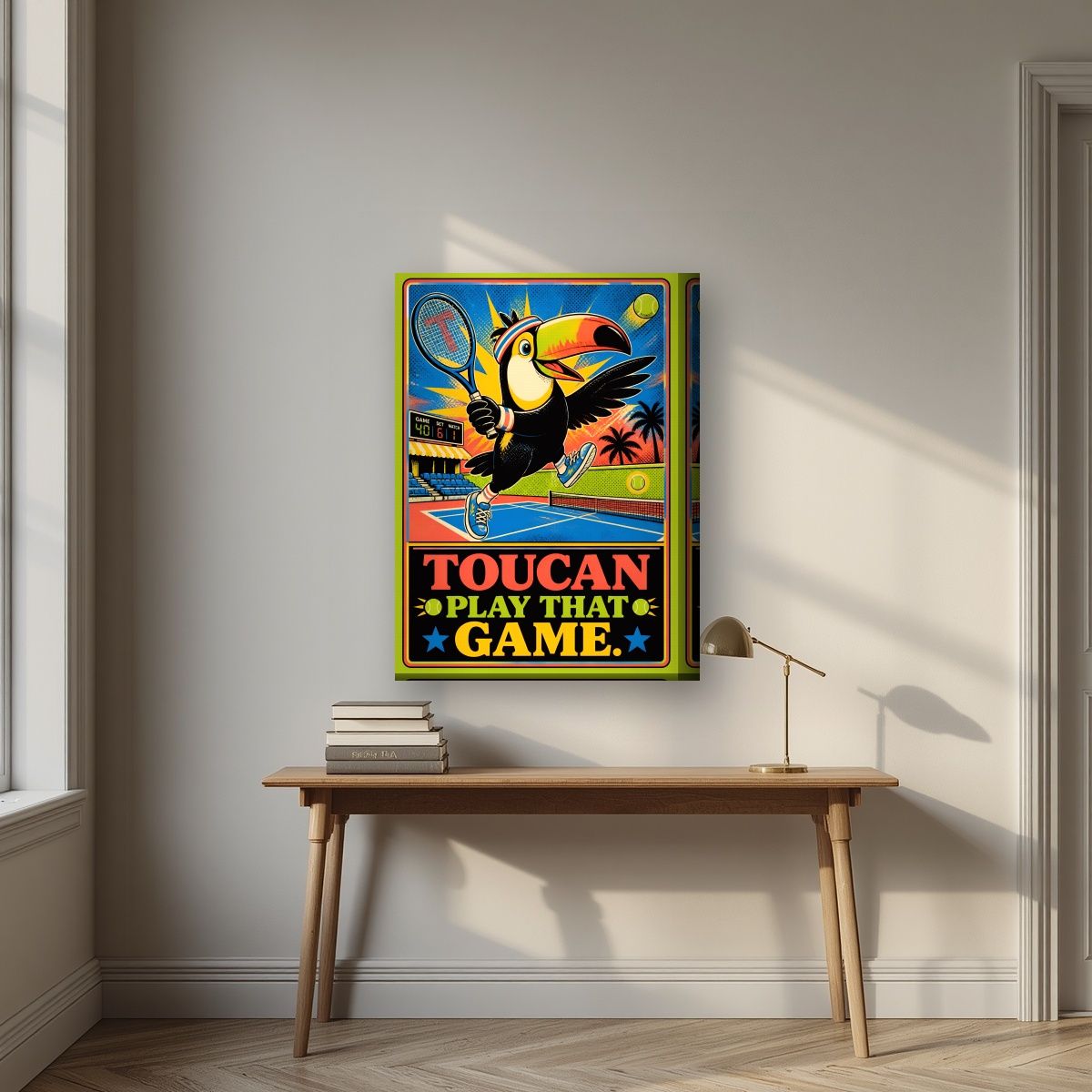Match Point — Toucan Play That Game art print, on thick canvas, styled in a desk