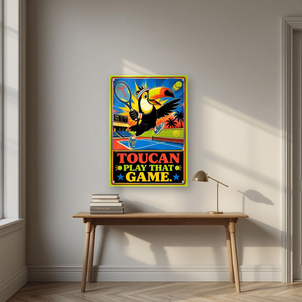 Match Point — Toucan Play That Game art print, as an acrylic print, styled in a desk