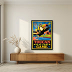 Match Point — Toucan Play That Game art print, in a black frame, styled in a living room