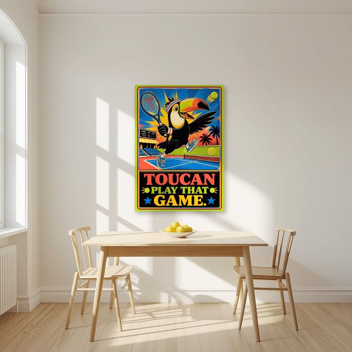 Match Point — Toucan Play That Game art print, unframed poster, styled in a kitchen