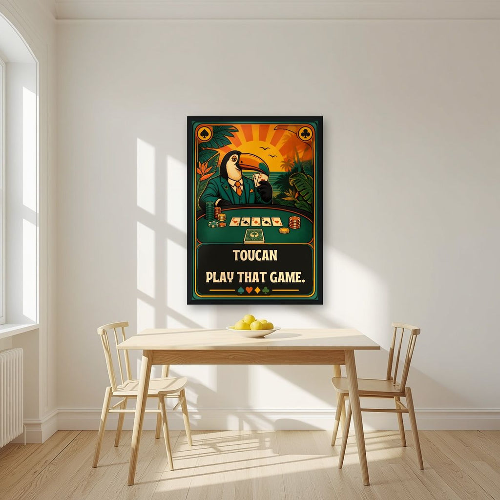 Poker Face — Toucan Play That Game art print, in a black frame, styled in a kitchen
