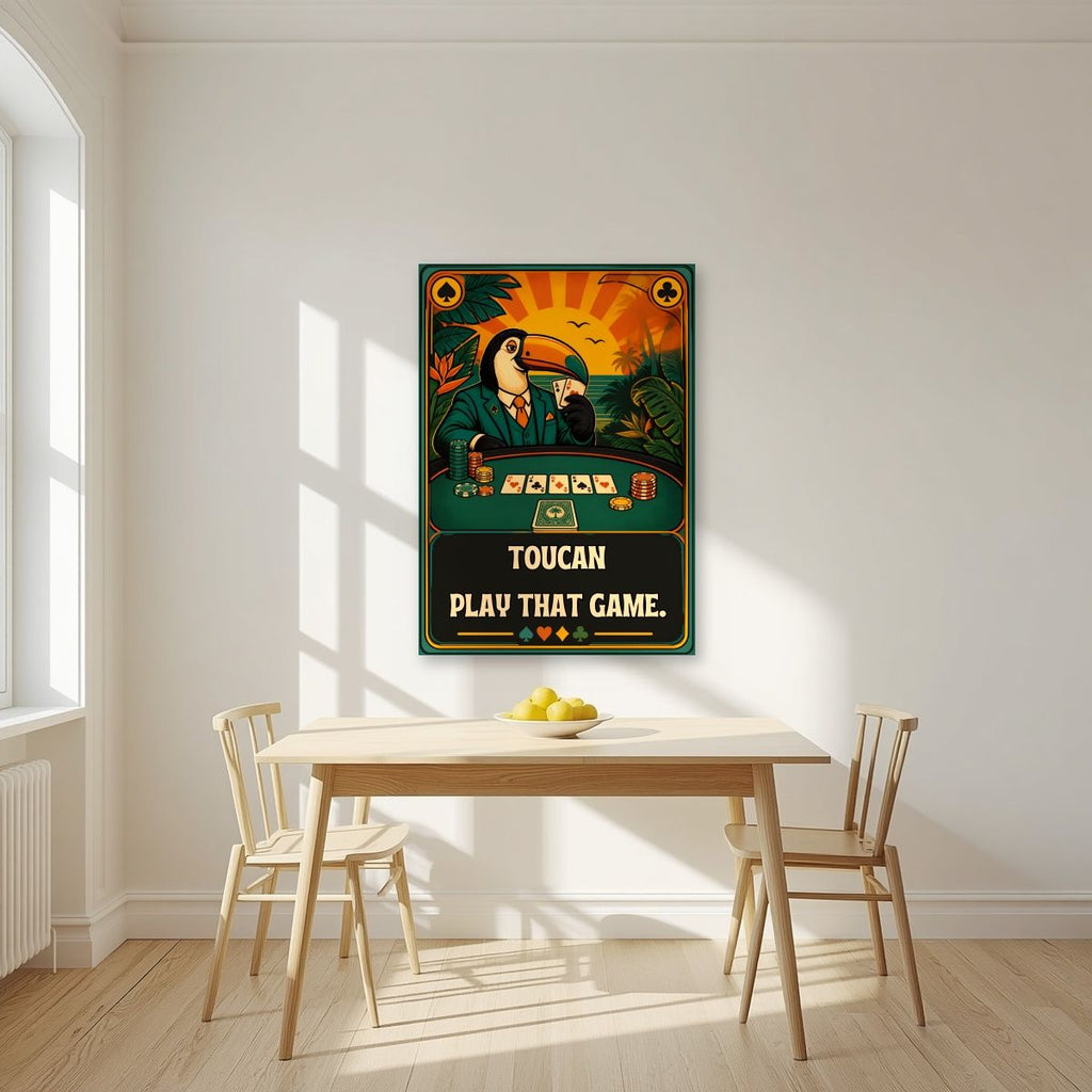 Poker Face — Toucan Play That Game art print, unframed poster, styled in a kitchen