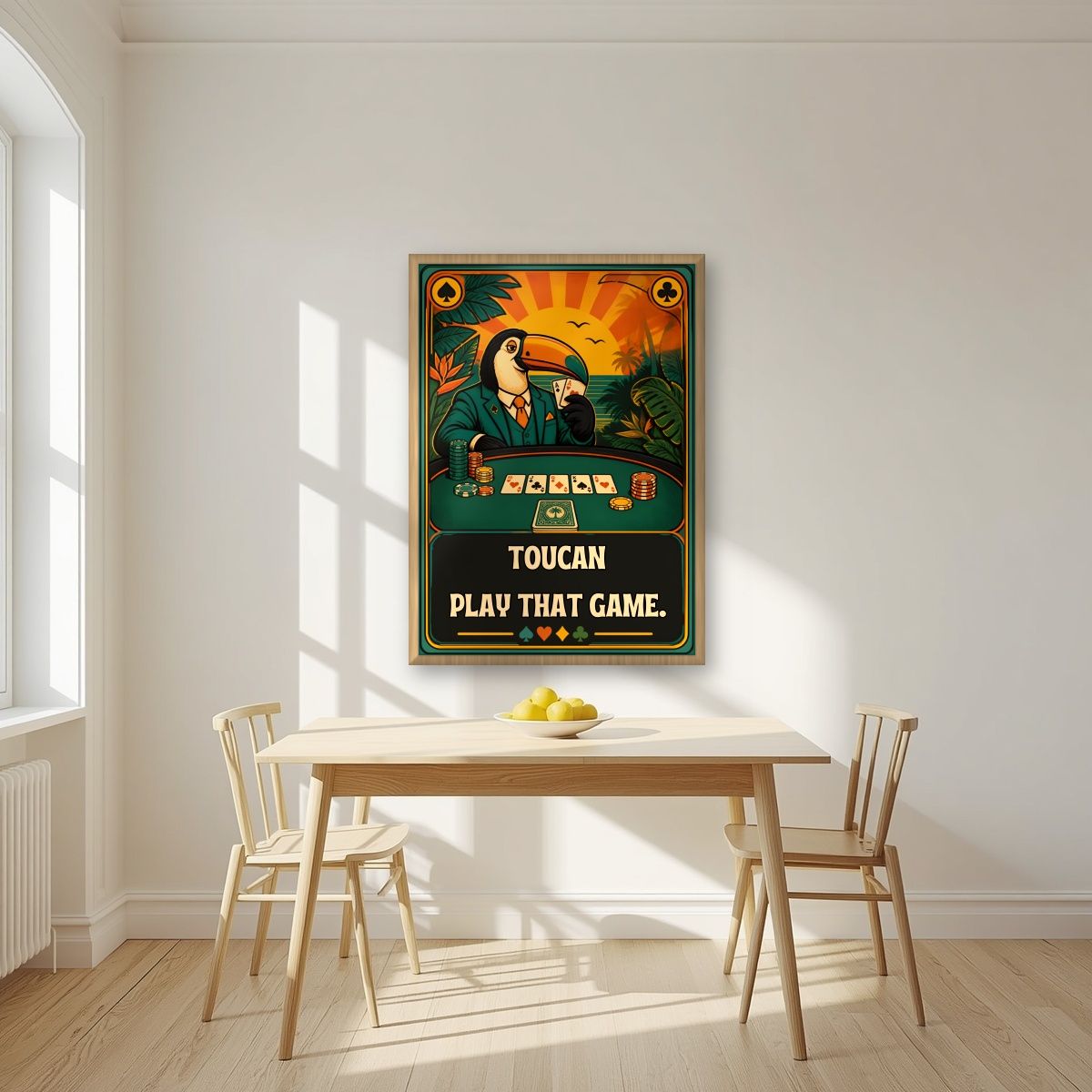 Poker Face — Toucan Play That Game art print, in an oak frame, styled in a kitchen