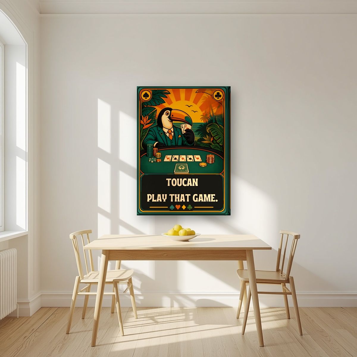Poker Face — Toucan Play That Game art print, on slim canvas, styled in a kitchen