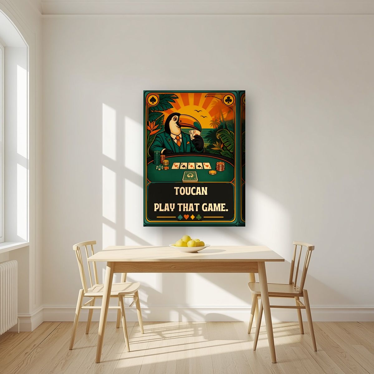 Poker Face — Toucan Play That Game art print, on thick canvas, styled in a kitchen
