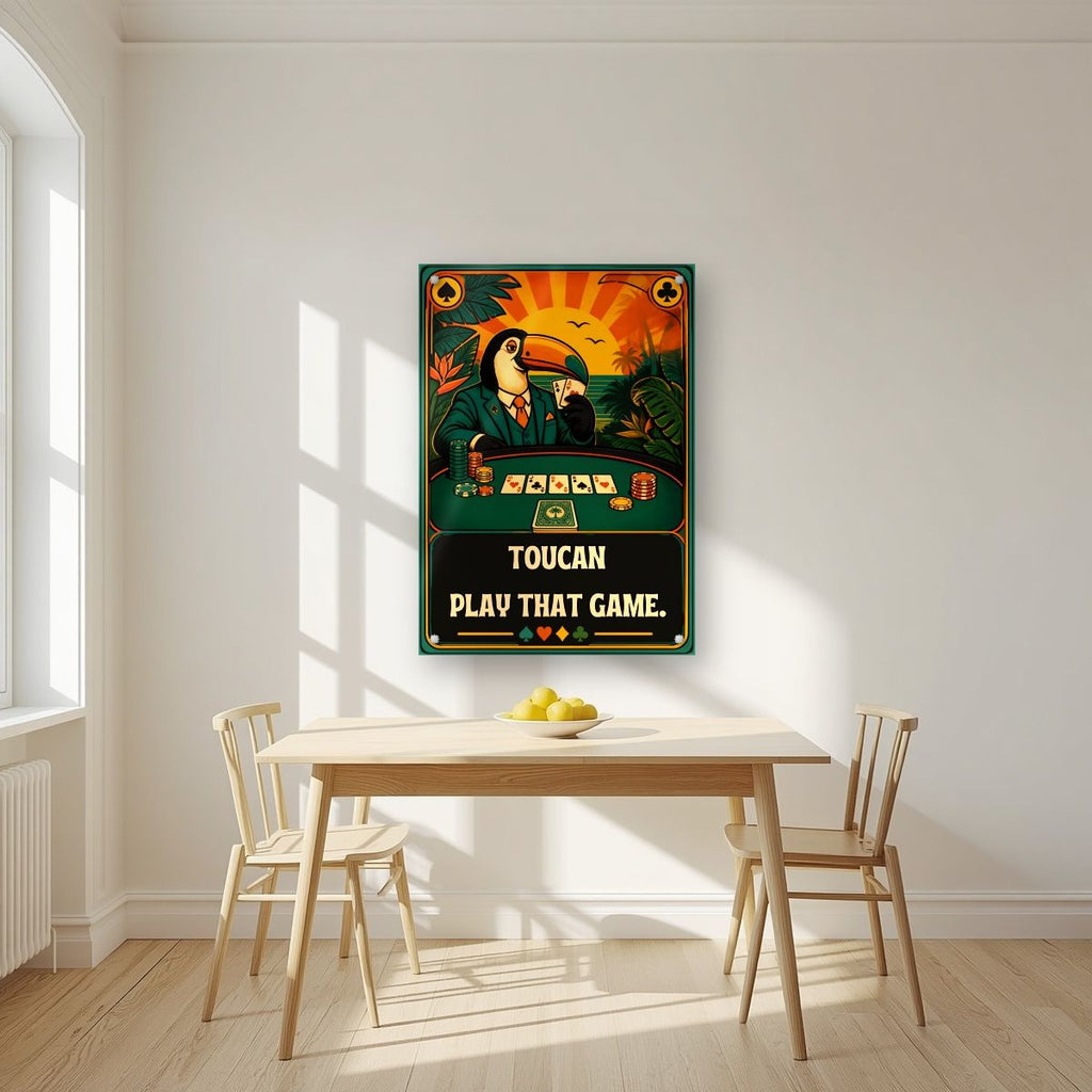 Poker Face — Toucan Play That Game art print, as an acrylic print, styled in a kitchen