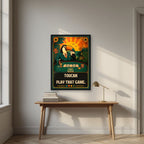 Poker Face — Toucan Play That Game art print, in a black frame, styled in a desk
