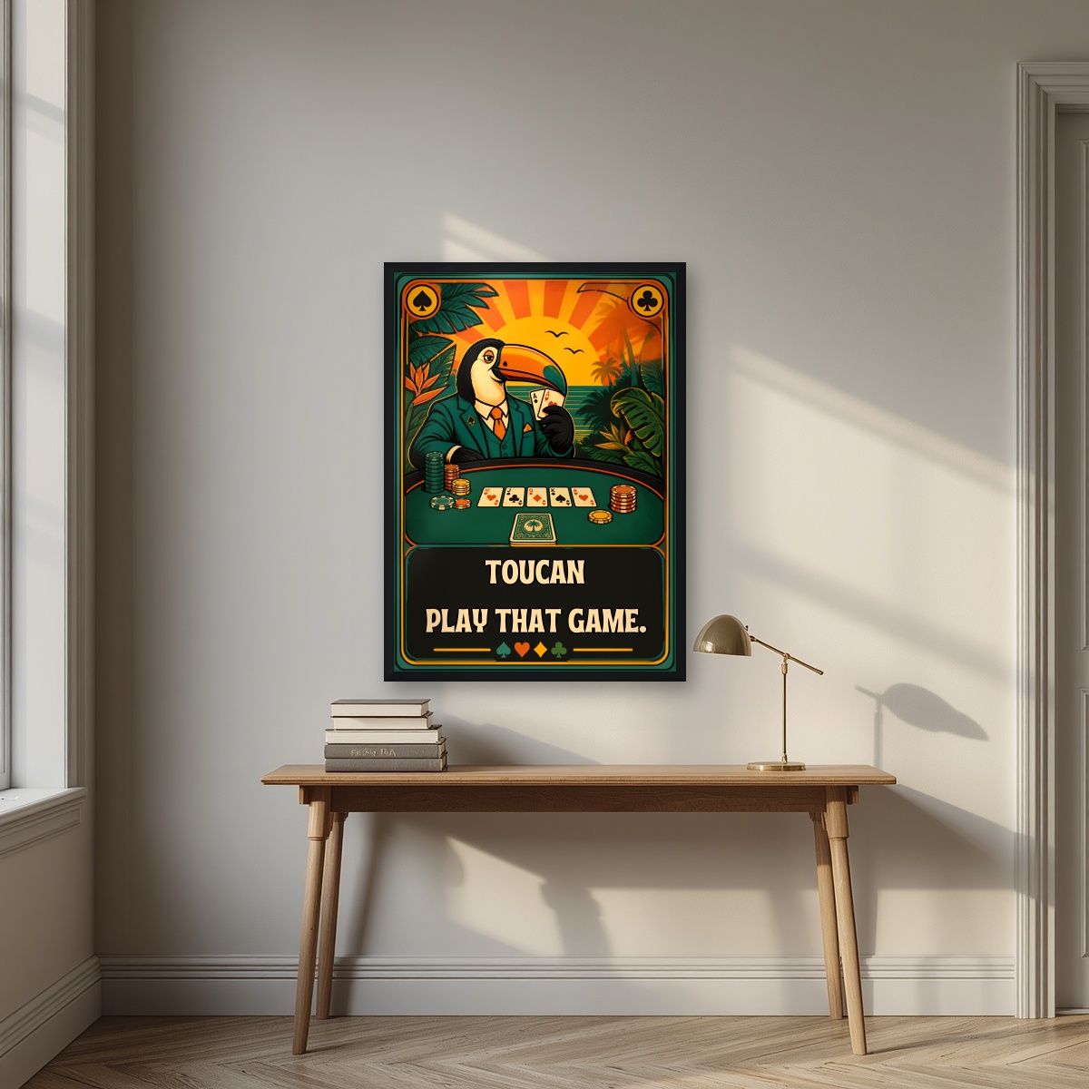 Poker Face — Toucan Play That Game art print, in a black frame, styled in a desk