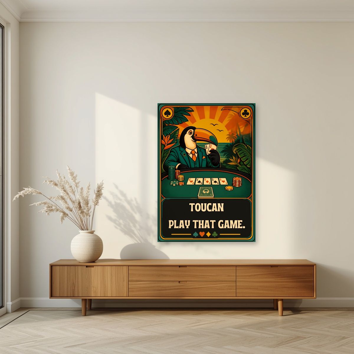 Poker Face — Toucan Play That Game art print, unframed poster, styled in a living room