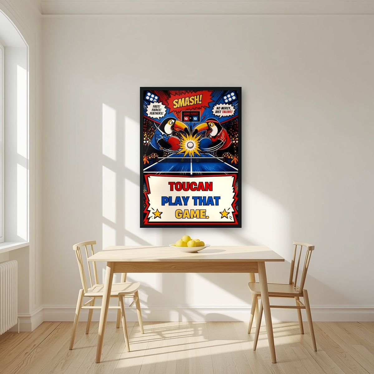 Table Smash — Toucan Play That Game art print, in a black frame, styled in a kitchen