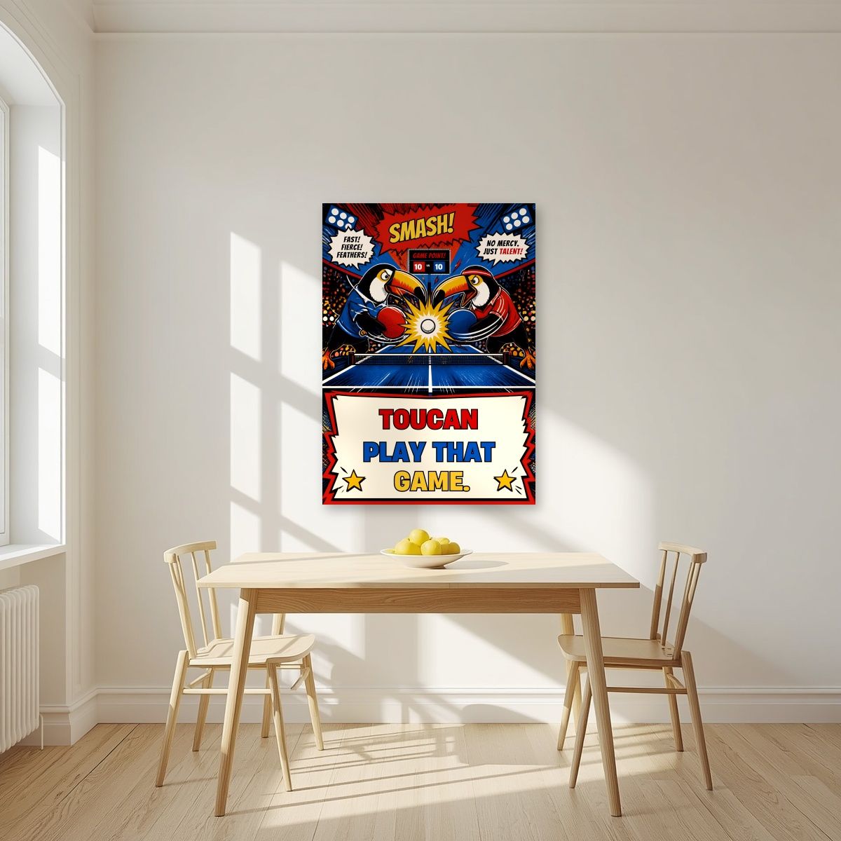 Table Smash — Toucan Play That Game art print, unframed poster, styled in a kitchen