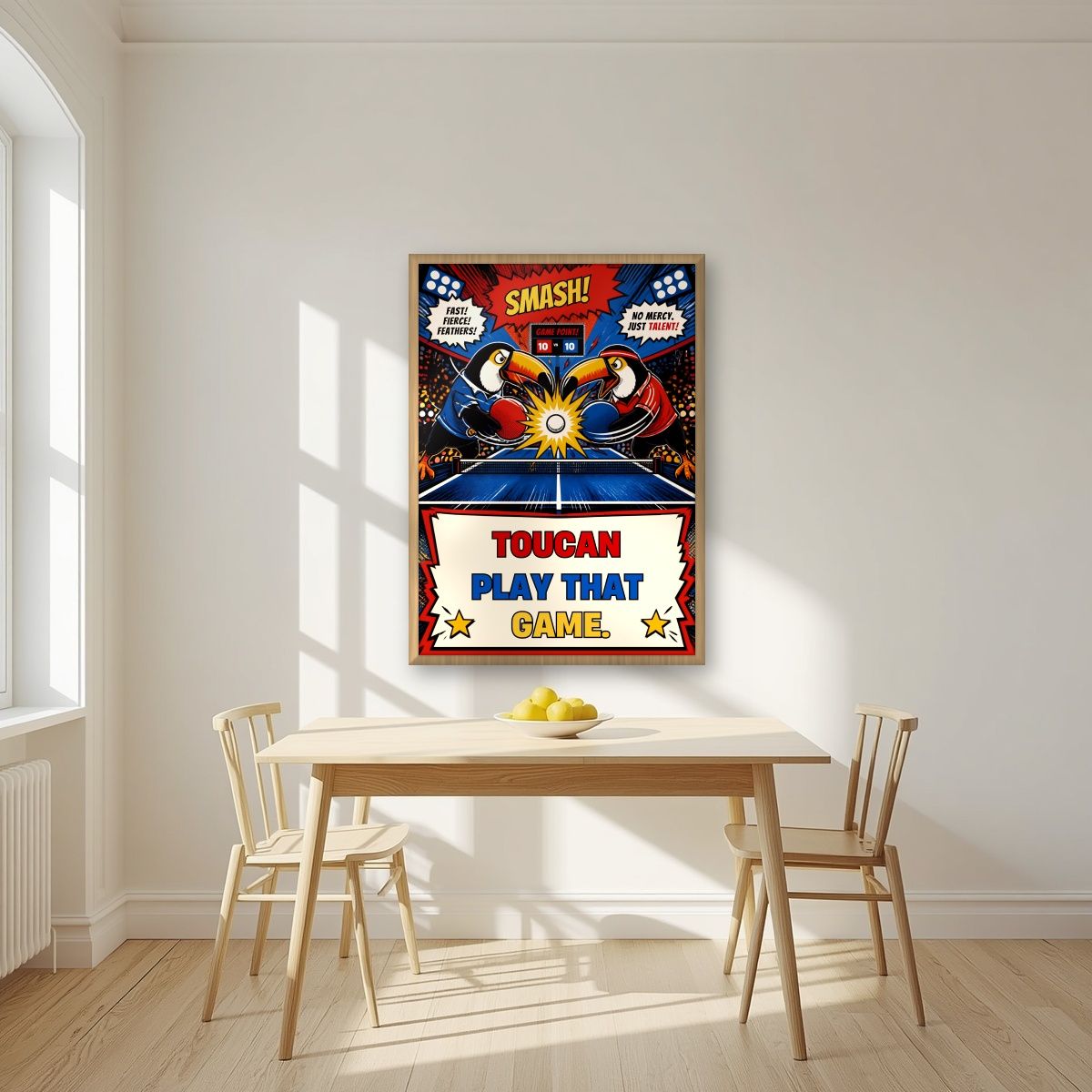 Table Smash — Toucan Play That Game art print, in an oak frame, styled in a kitchen