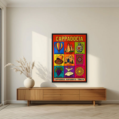 Anatolian Icons — Cappadocia art print, in a black frame, styled in a living room