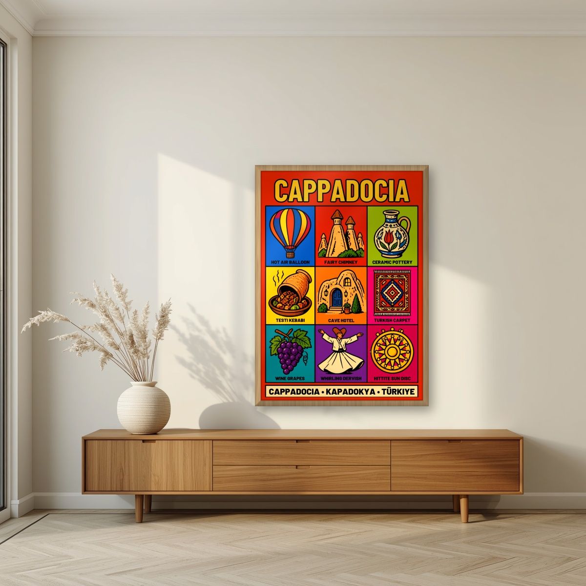 Anatolian Icons — Cappadocia art print, in an oak frame, styled in a living room