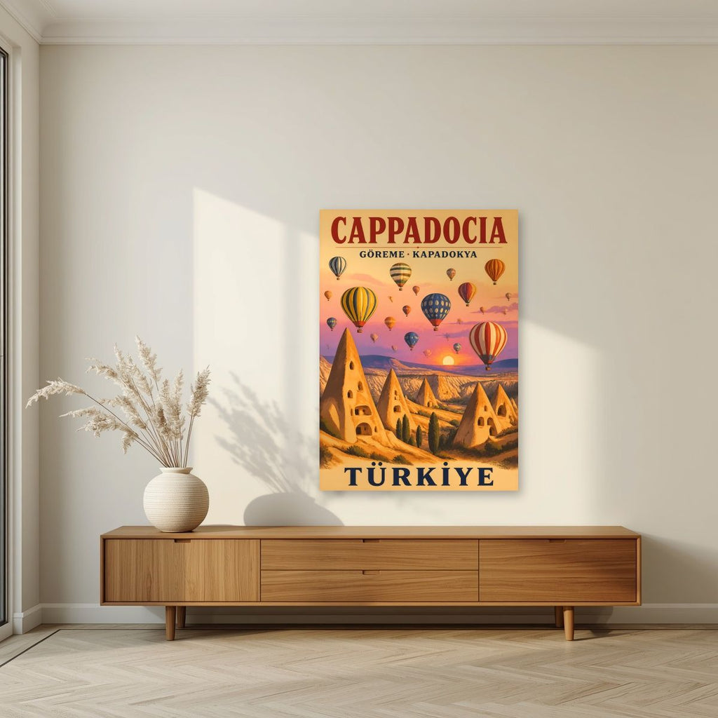 Balloons at Dawn — Cappadocia art print, unframed poster, styled in a living room