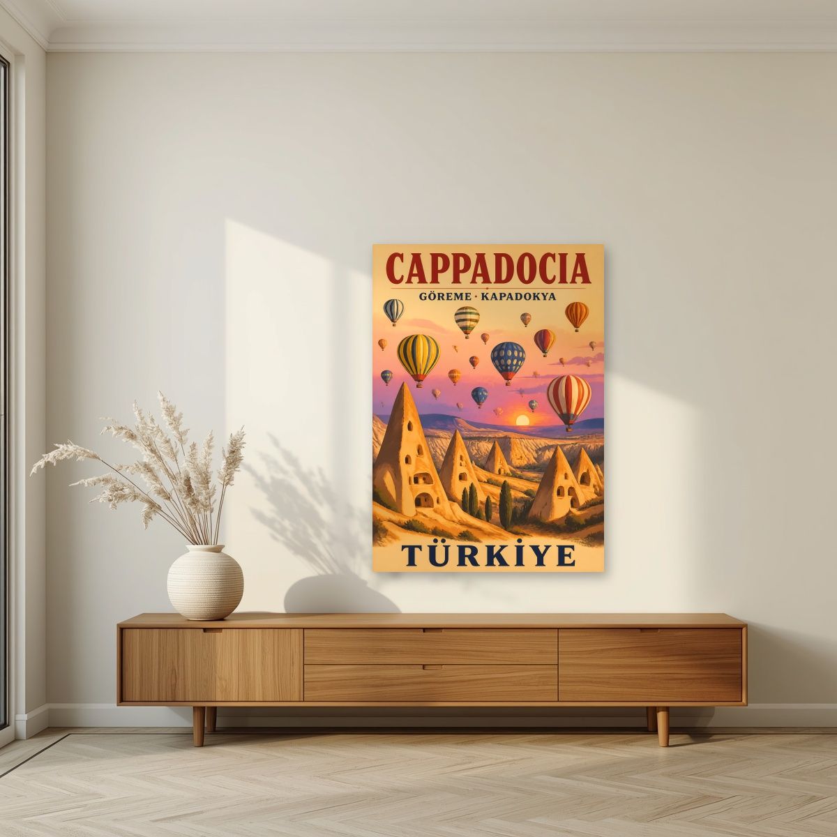 Balloons at Dawn — Cappadocia art print, unframed poster, styled in a living room