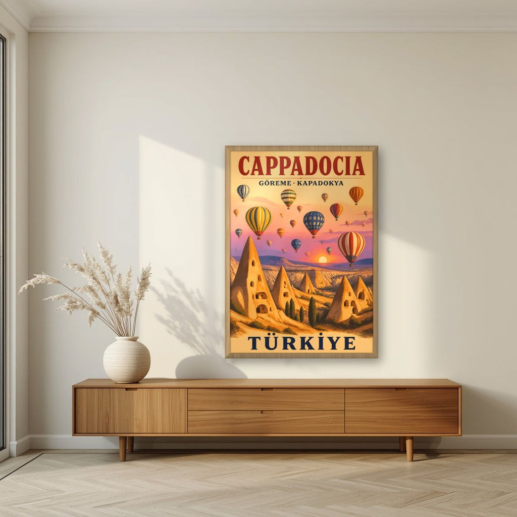 Balloons at Dawn — Cappadocia art print, in an oak frame, styled in a living room