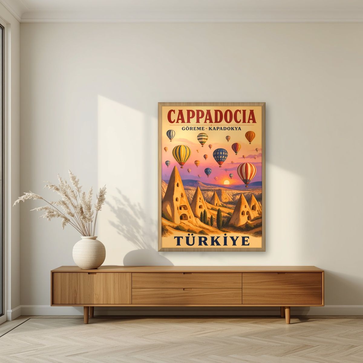Balloons at Dawn — Cappadocia art print, in an oak frame, styled in a living room
