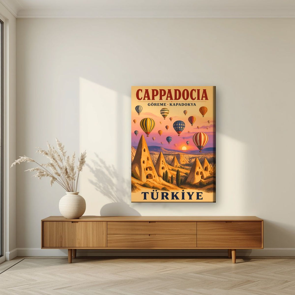 Balloons at Dawn — Cappadocia art print, on slim canvas, styled in a living room