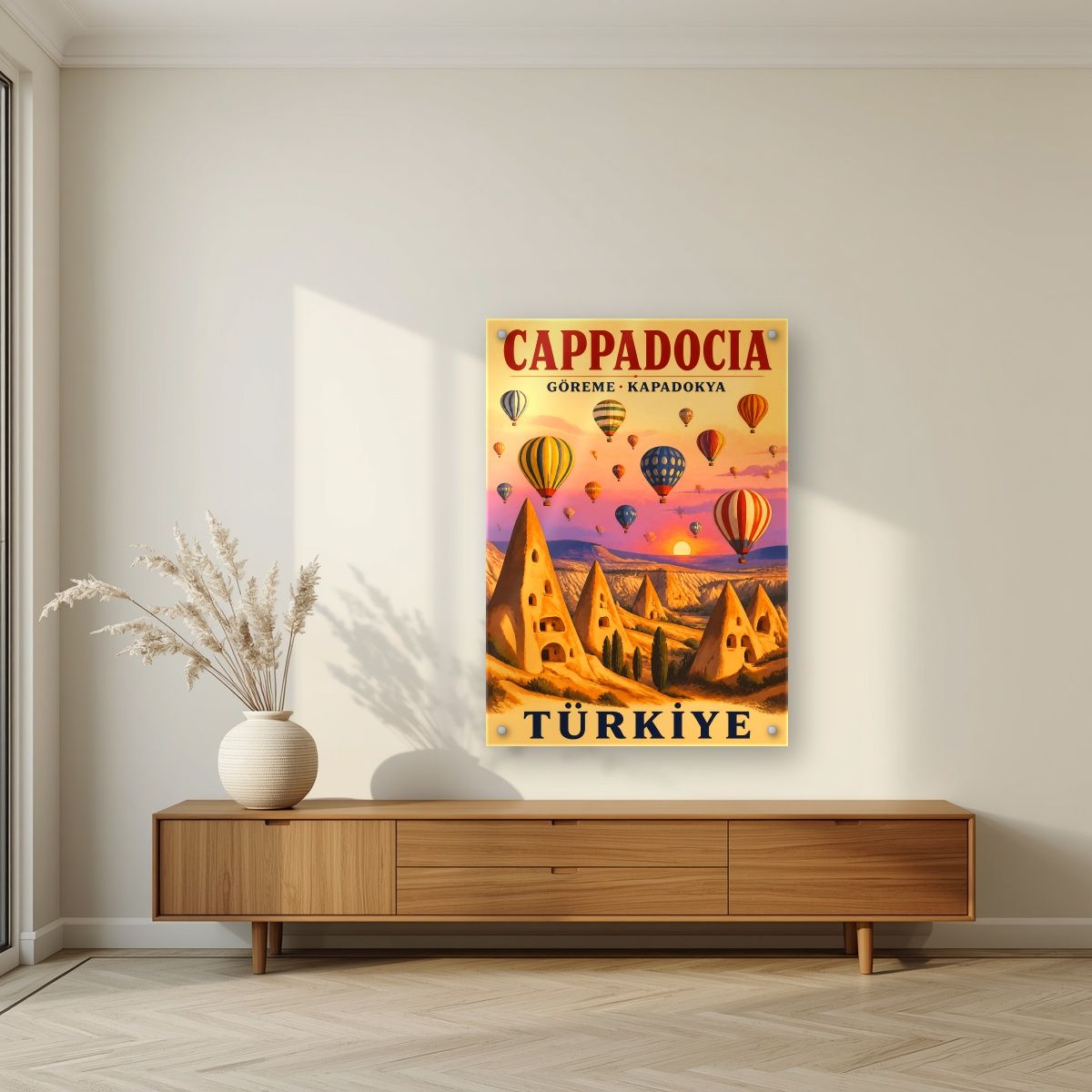 Balloons at Dawn — Cappadocia art print, as an acrylic print, styled in a living room