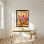 Balloons at Dawn — Cappadocia art print, in a black frame, styled in a kitchen