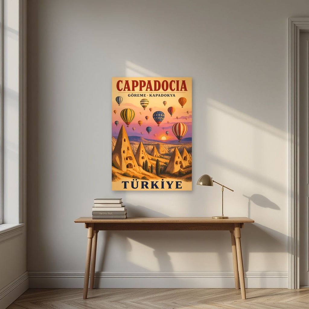 Balloons at Dawn — Cappadocia art print, unframed poster, styled in a desk