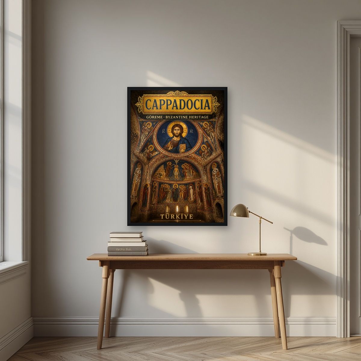 Byzantine Frescoes — Cappadocia art print, in a black frame, styled in a desk
