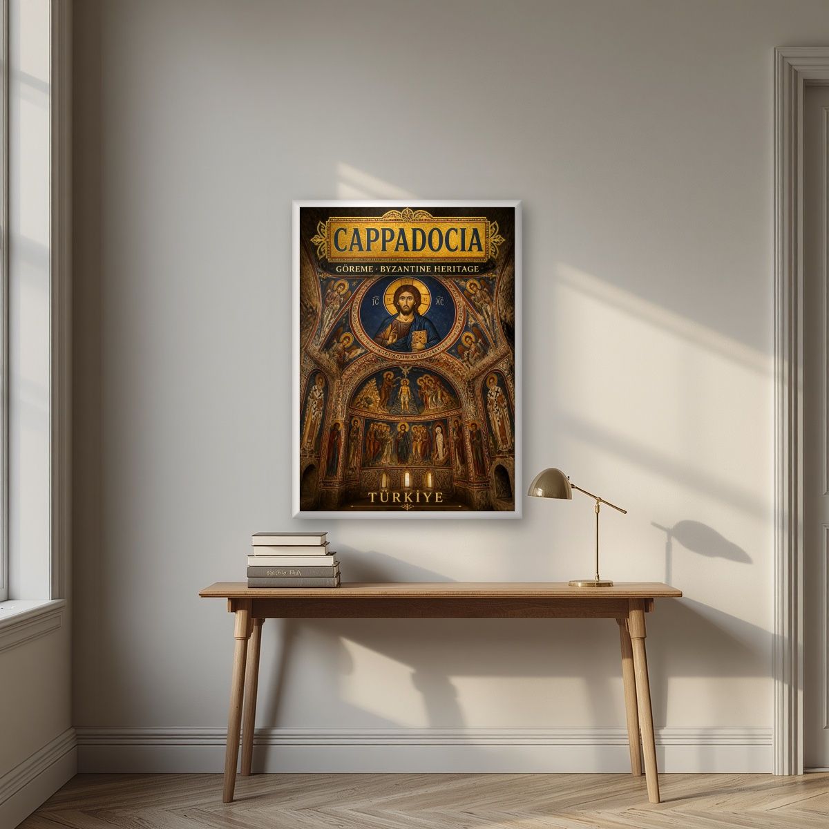 Byzantine Frescoes — Cappadocia art print, in a white frame, styled in a desk