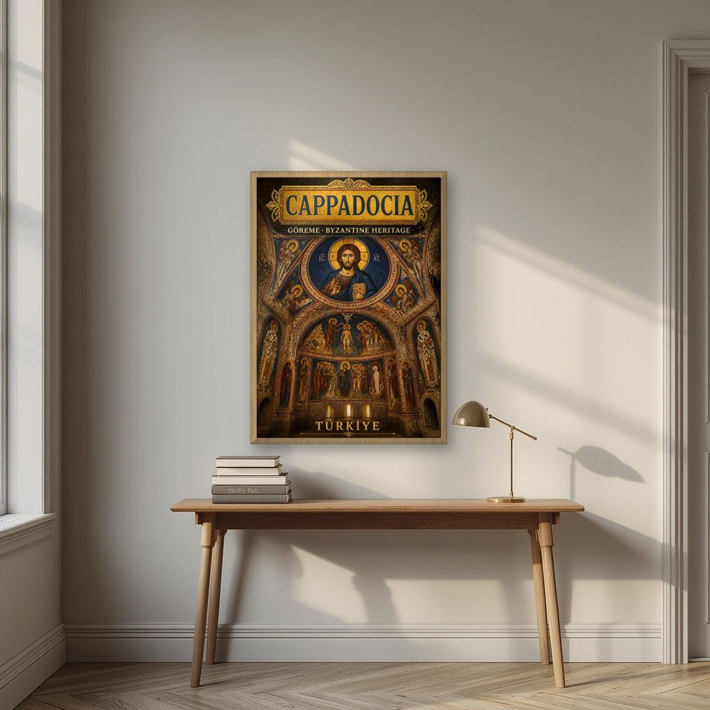Byzantine Frescoes — Cappadocia art print, in an oak frame, styled in a desk
