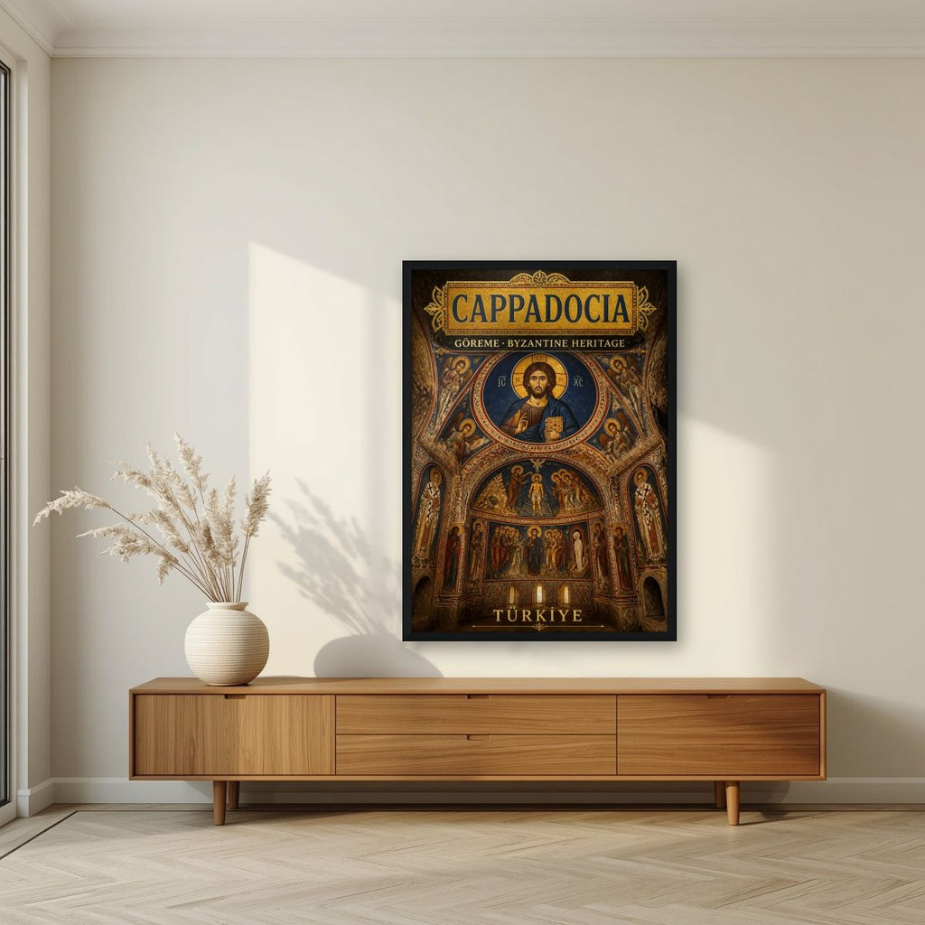 Byzantine Frescoes — Cappadocia art print, in a black frame, styled in a living room
