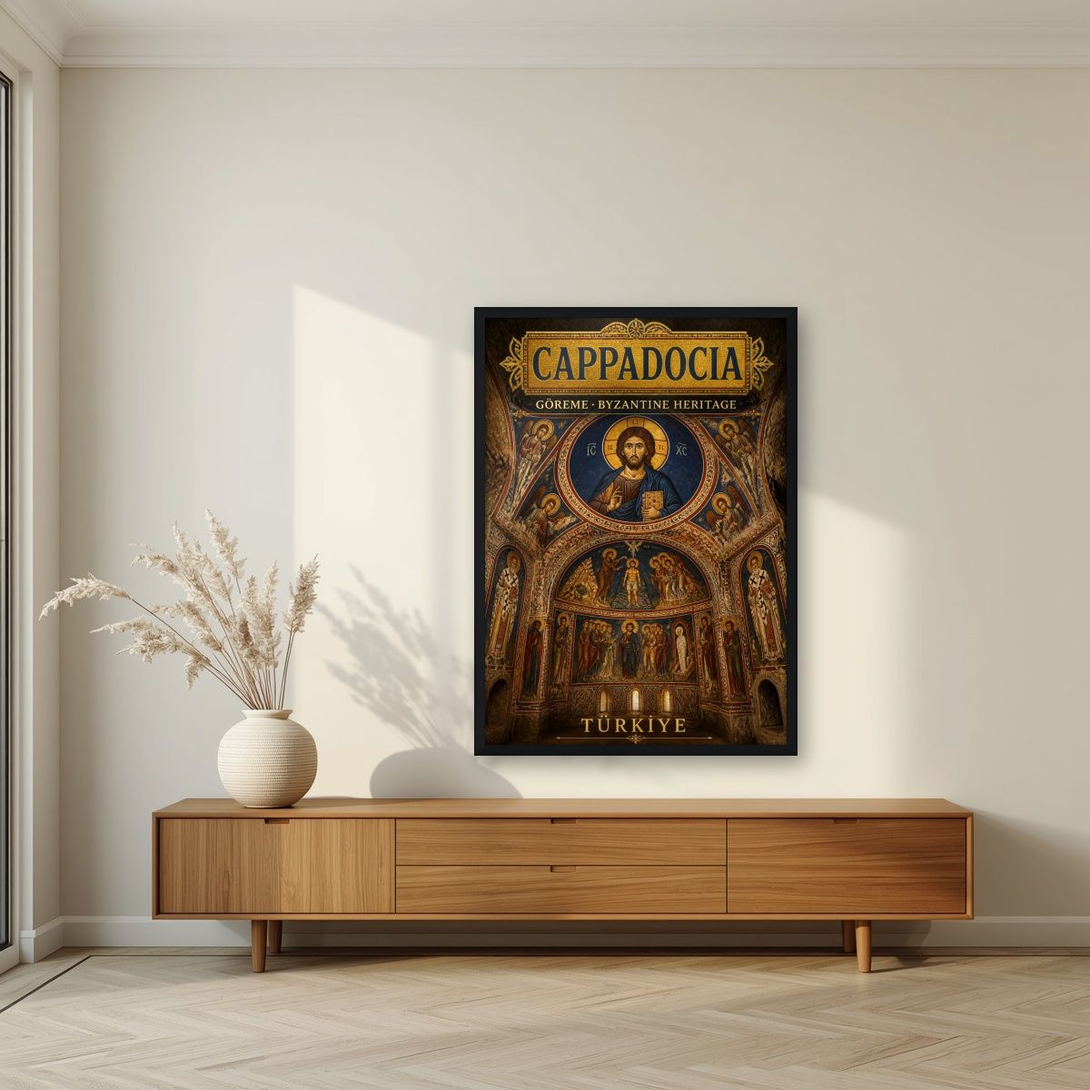Byzantine Frescoes — Cappadocia art print, in a black frame, styled in a living room