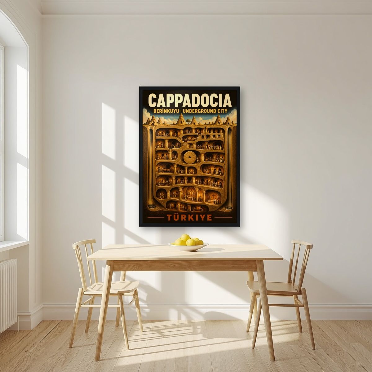 Derinkuyu — Cappadocia art print, in a black frame, styled in a kitchen