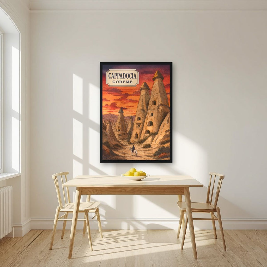 Peribacalari — Cappadocia art print, in a black frame, styled in a kitchen