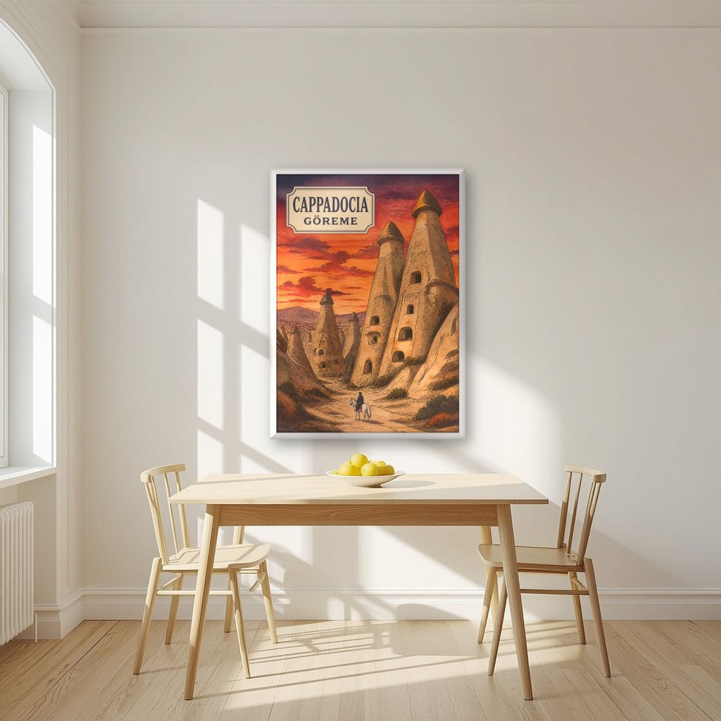 Peribacalari — Cappadocia art print, in a white frame, styled in a kitchen