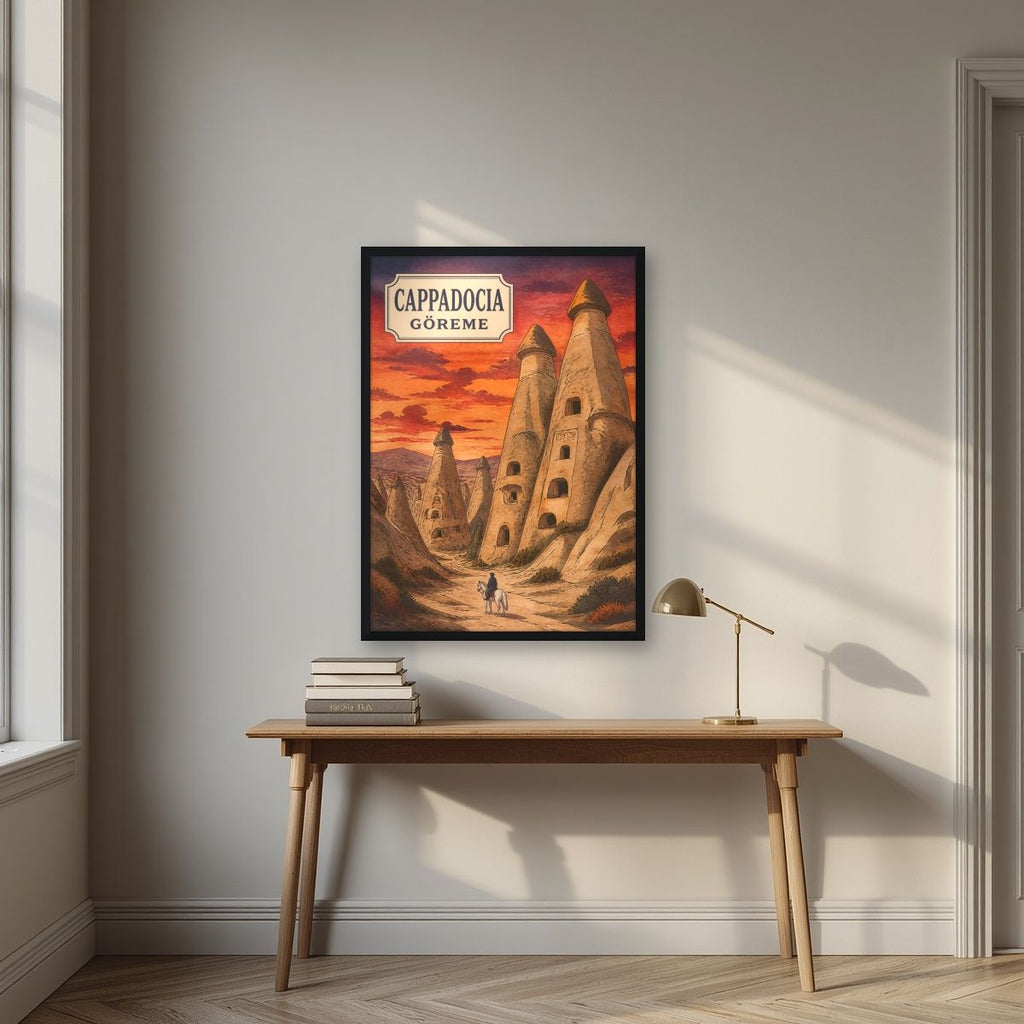 Peribacalari — Cappadocia art print, in a black frame, styled in a desk