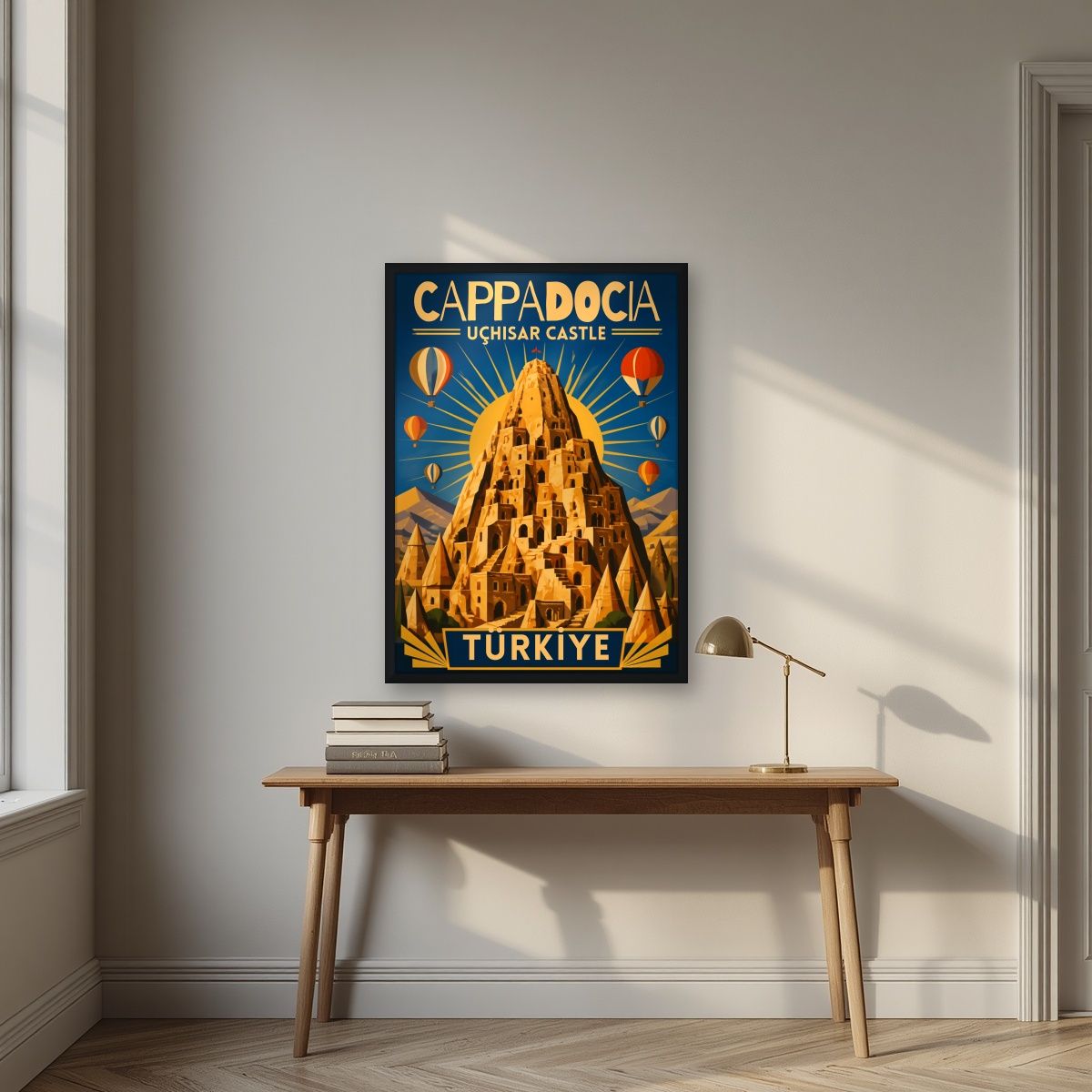 Uchisar Castle — Cappadocia art print, in a black frame, styled in a desk