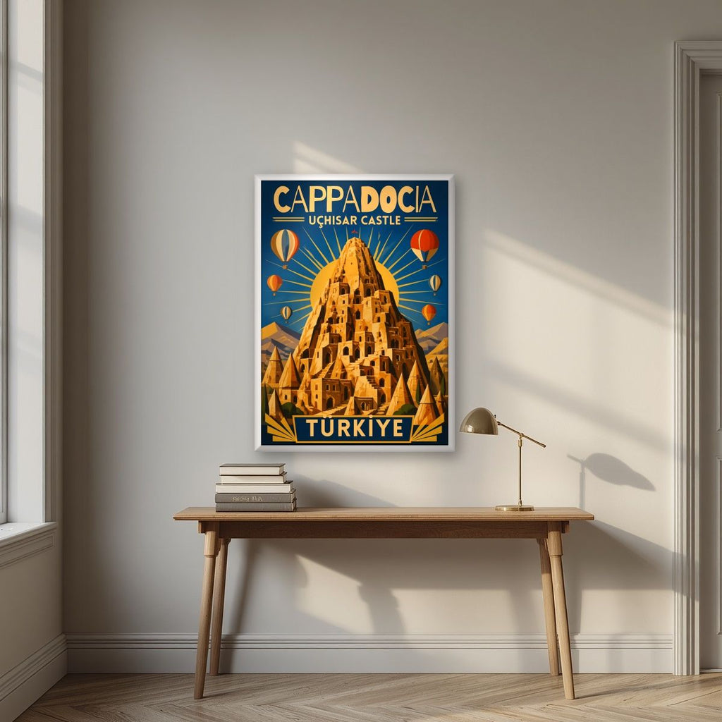 Uchisar Castle — Cappadocia art print, in a white frame, styled in a desk