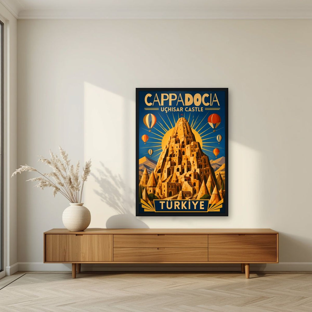 Uchisar Castle — Cappadocia art print, in a black frame, styled in a living room