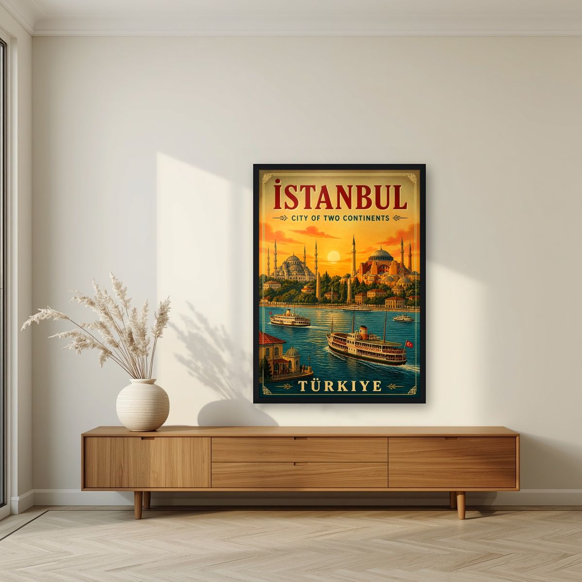 Altin Boynuz — Istanbul art print, in a black frame, styled in a living room