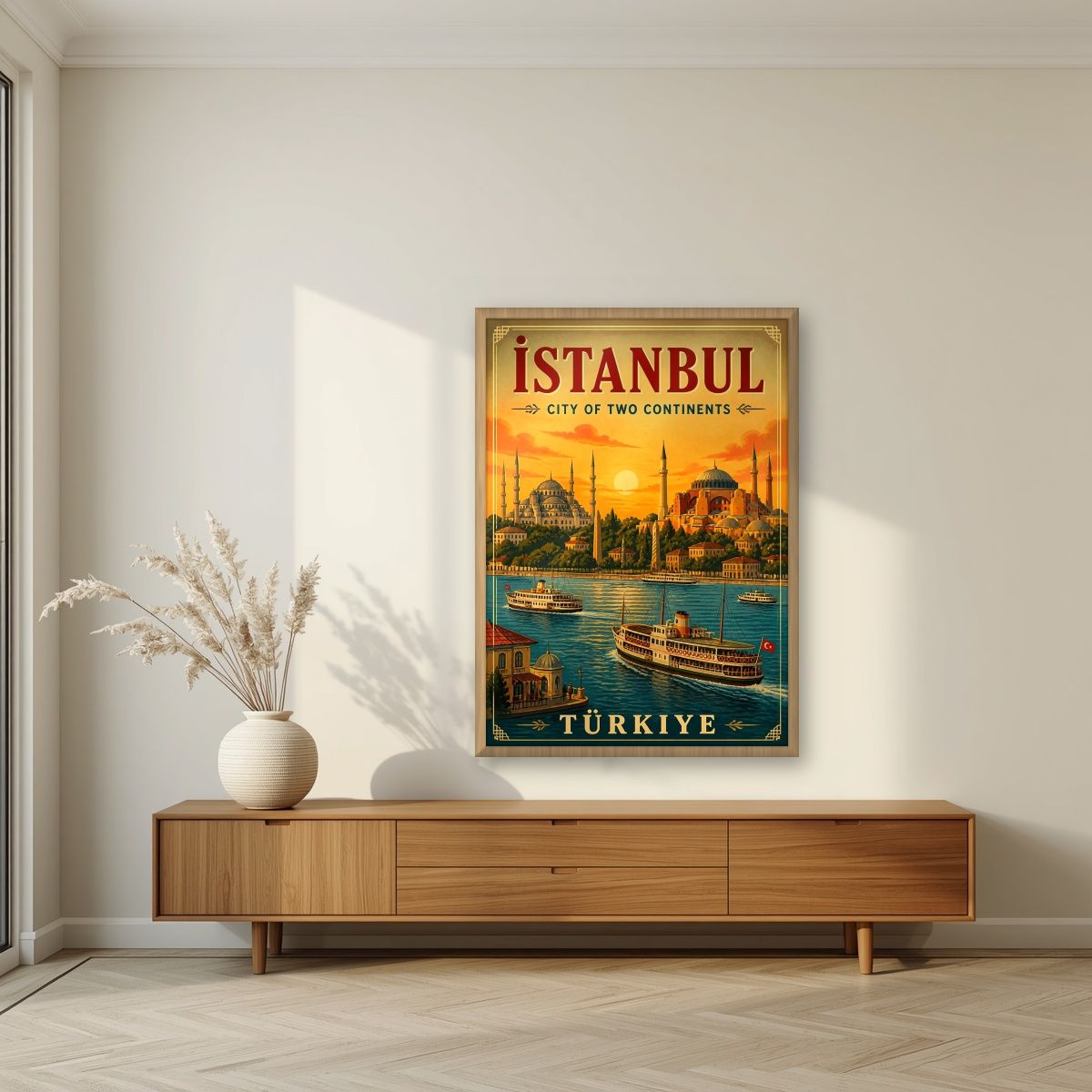Altin Boynuz — Istanbul art print, in an oak frame, styled in a living room