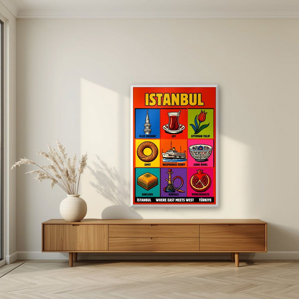 Dokuz — Istanbul art print, in a white frame, styled in a living room
