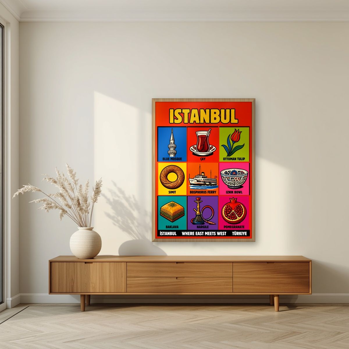 Dokuz — Istanbul art print, in an oak frame, styled in a living room