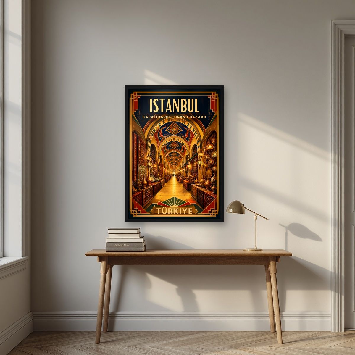 Kapalicarsi — Istanbul art print, in a black frame, styled in a desk