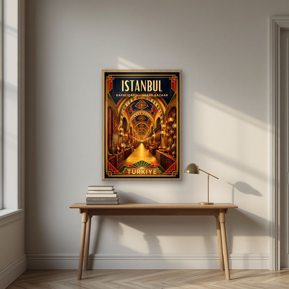 Kapalicarsi — Istanbul art print, in an oak frame, styled in a desk