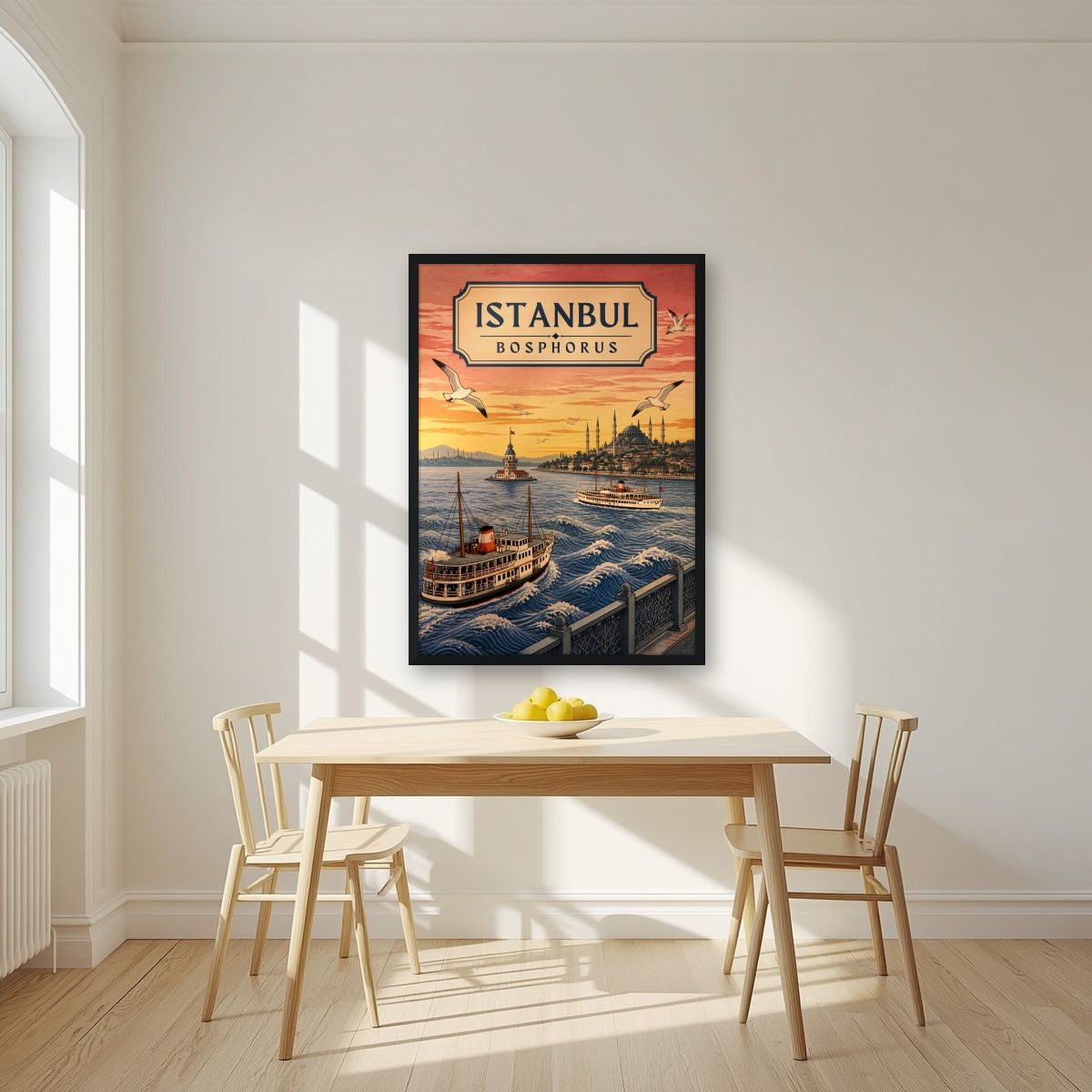 Kiz Kulesi — Istanbul art print, in a black frame, styled in a kitchen